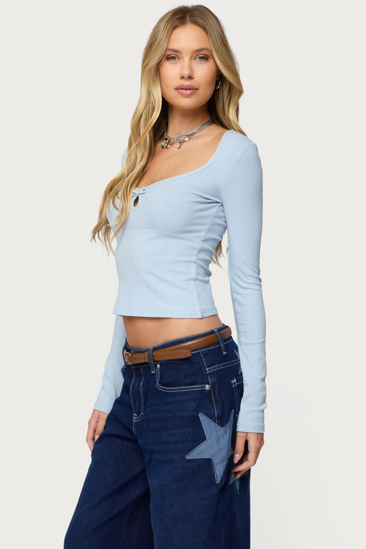 Madder Keyhole Cutout Long Sleeve Top with Bow Detail, Rayon Spandex