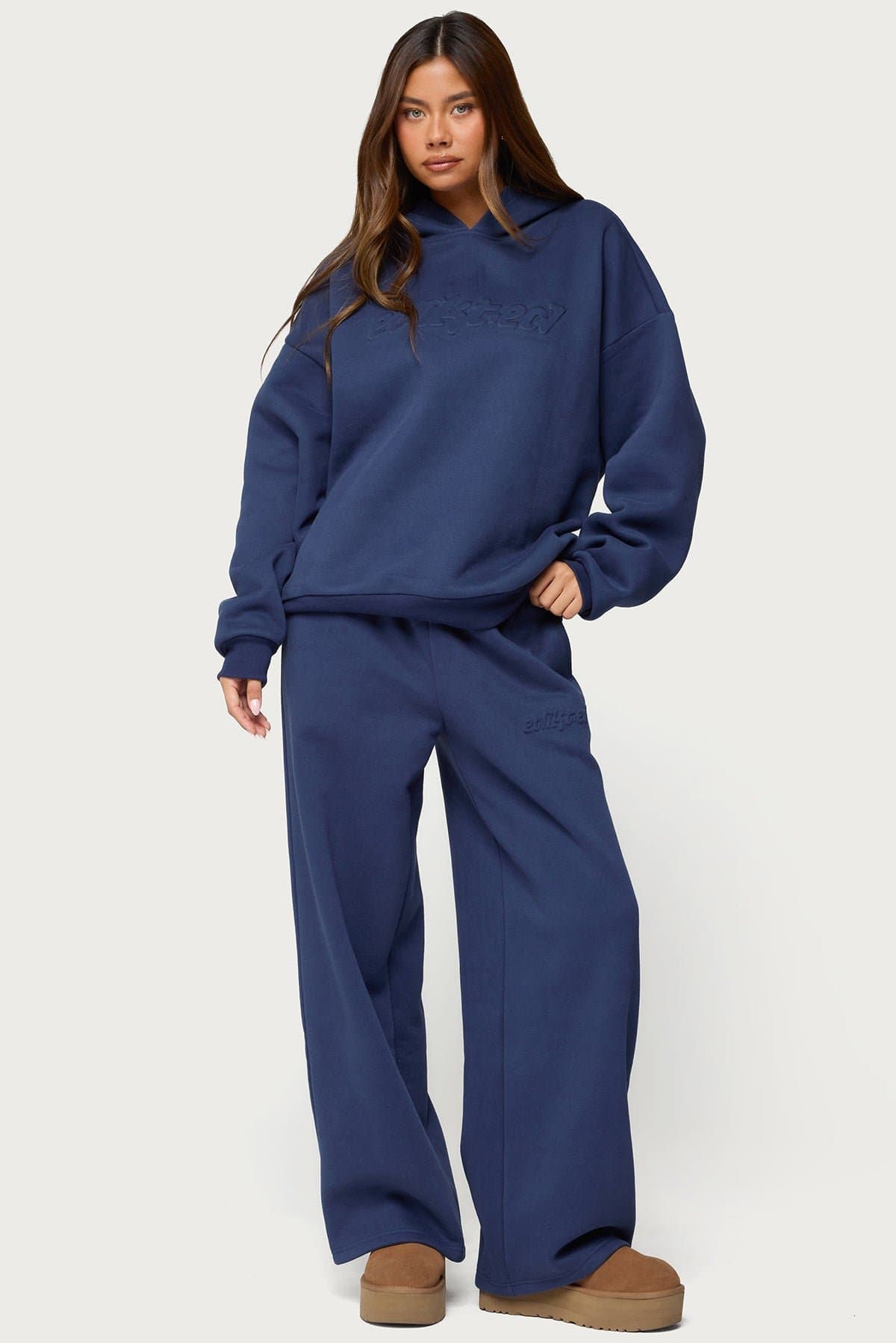 Totally Edikted Wide Leg Sweatpants with Embossed Graphic Polyester Cotton