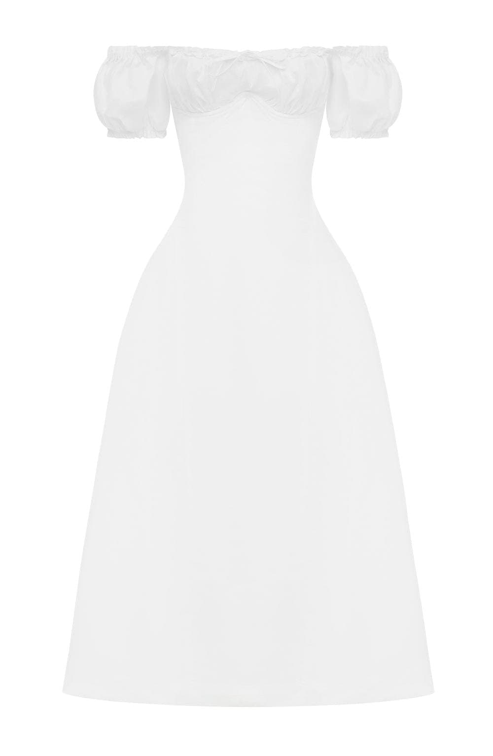 Elora Midi Dress - Ivory Non-Stretch Cotton Blend with Puff Sleeves