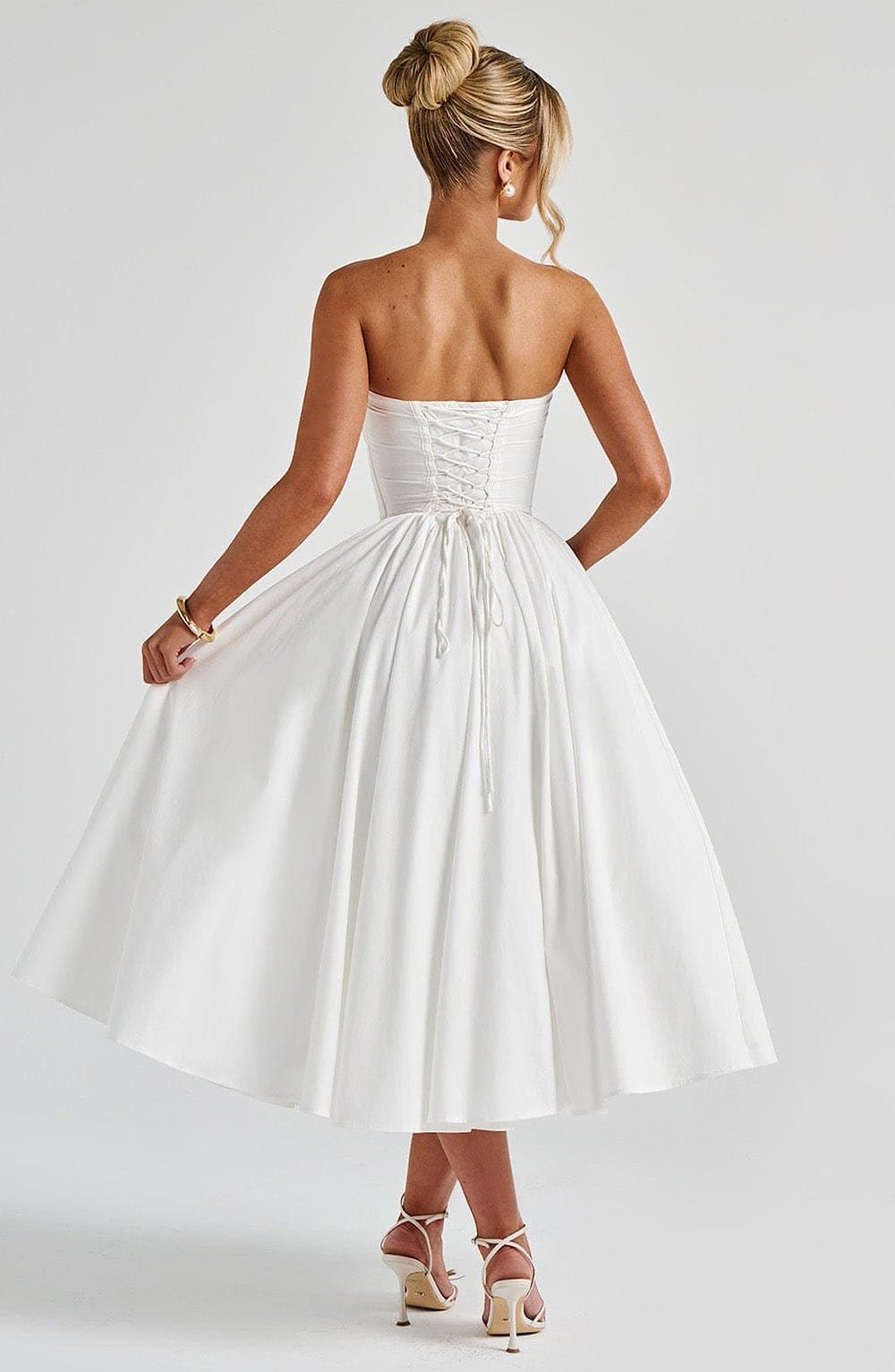 Prim Midi Dress Ivory Strapless Plunge Sweetheart Neckline Lace-Up Back Boned Corset