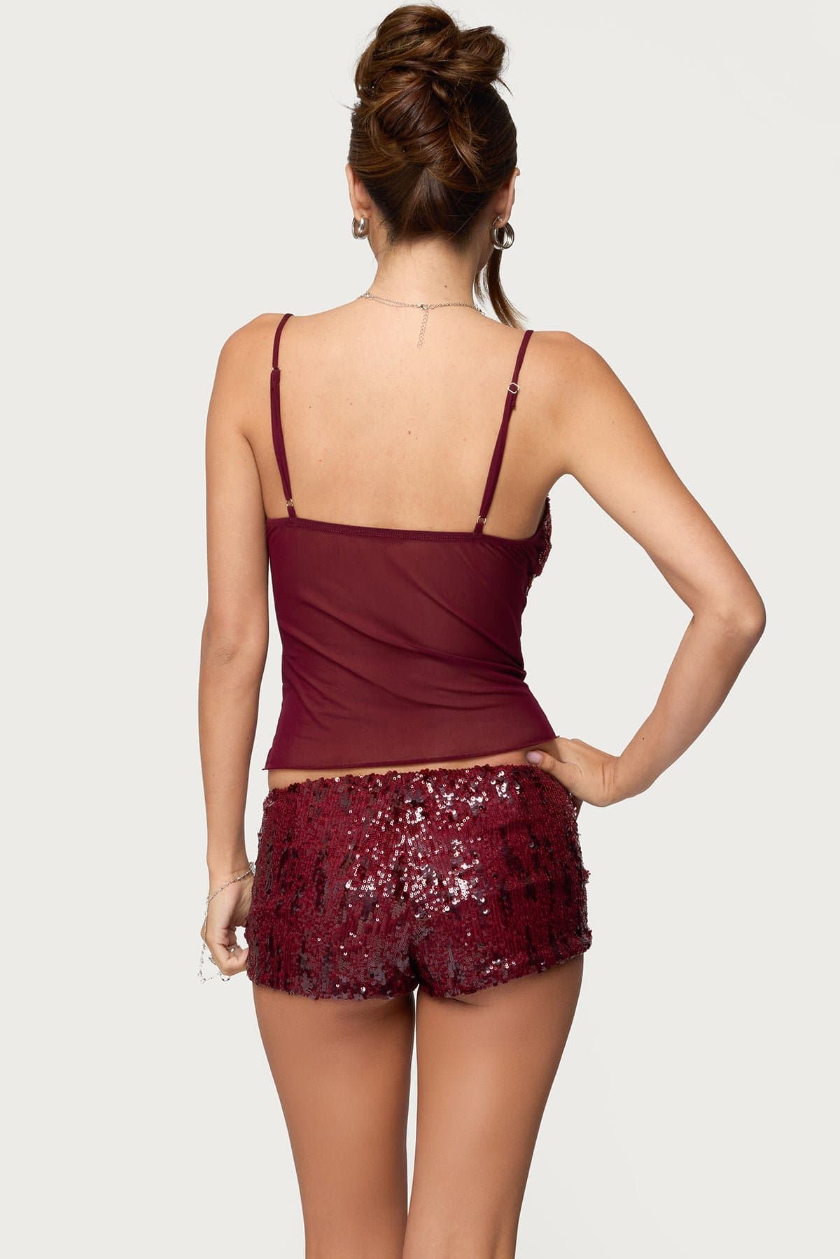 Azelia Beaded Sheer Mesh Tank Top - V Neck Adjustable Straps Polyester Spandex