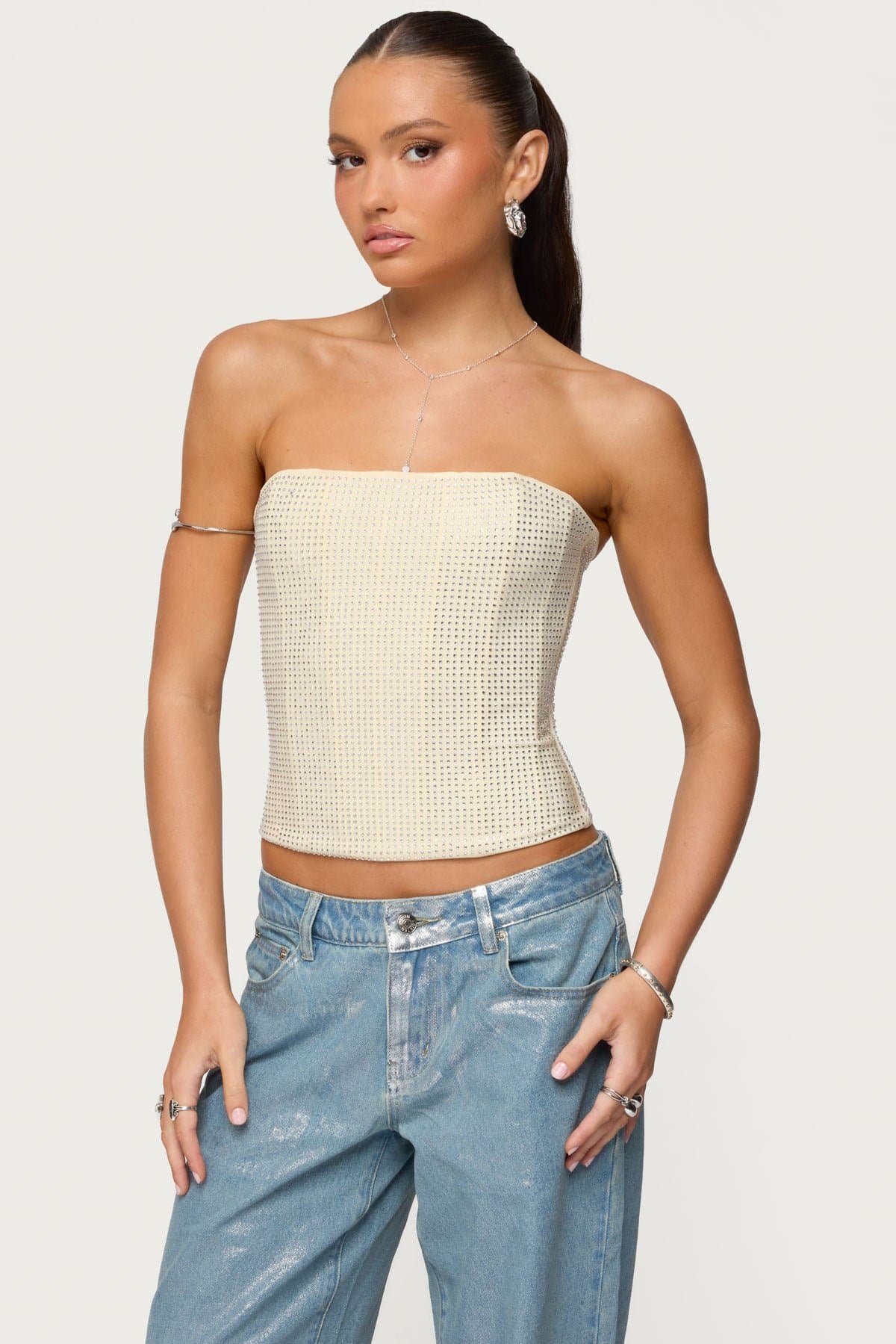 Vezza Strapless Rhinestone Corset - Polyester Spandex Boned Bodice Lace Up Back