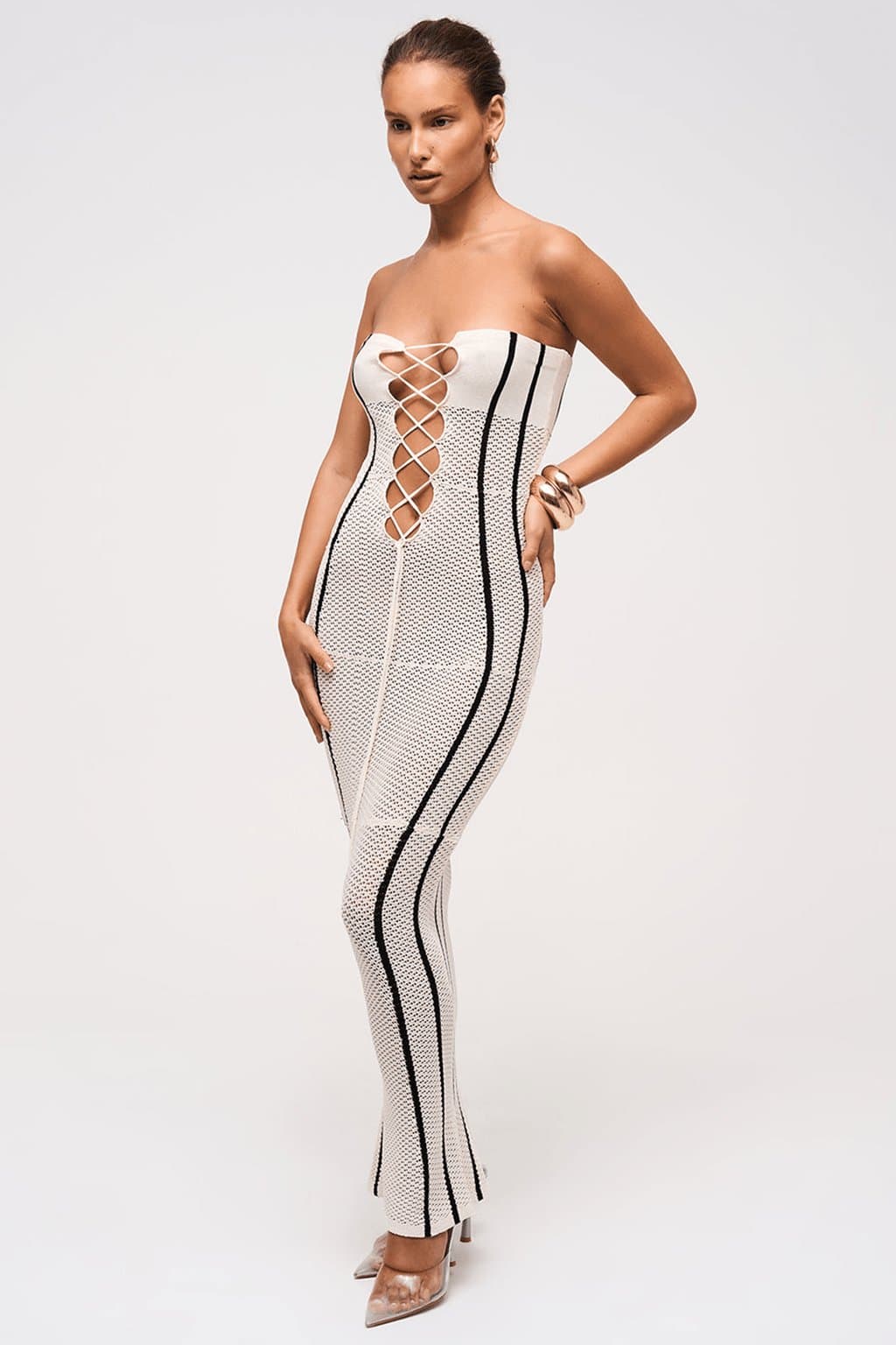 Sahara Bandeau Lace Up Maxi Dress - Semi-Sheer Stretchy Knit