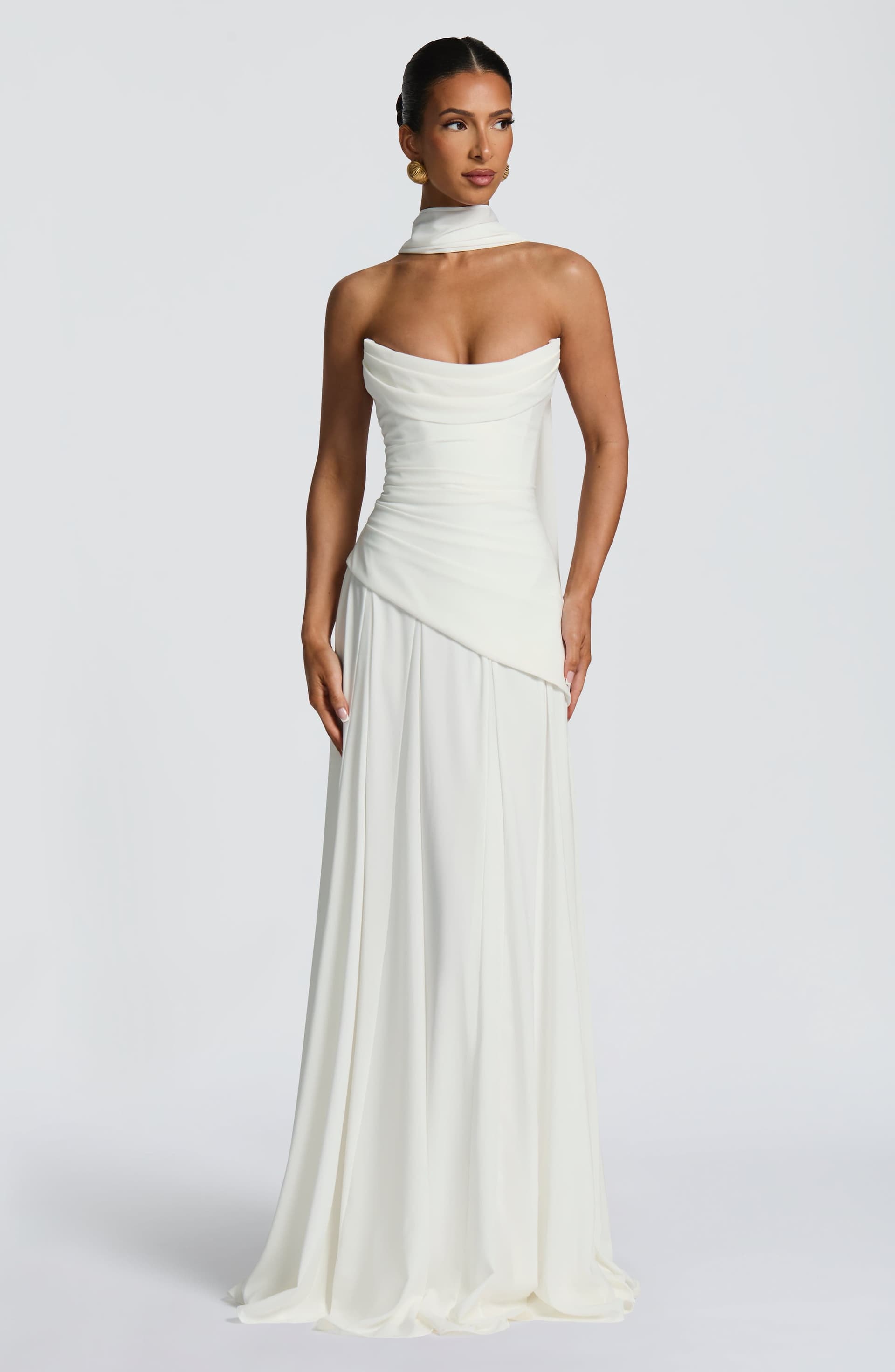 Patricia Maxi Dress in Ivory Chiffon with Lace-Up Back and Godet Skirt