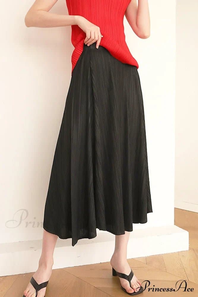 Pleated High Waist Skirt Solid Color Double Layer Polyester