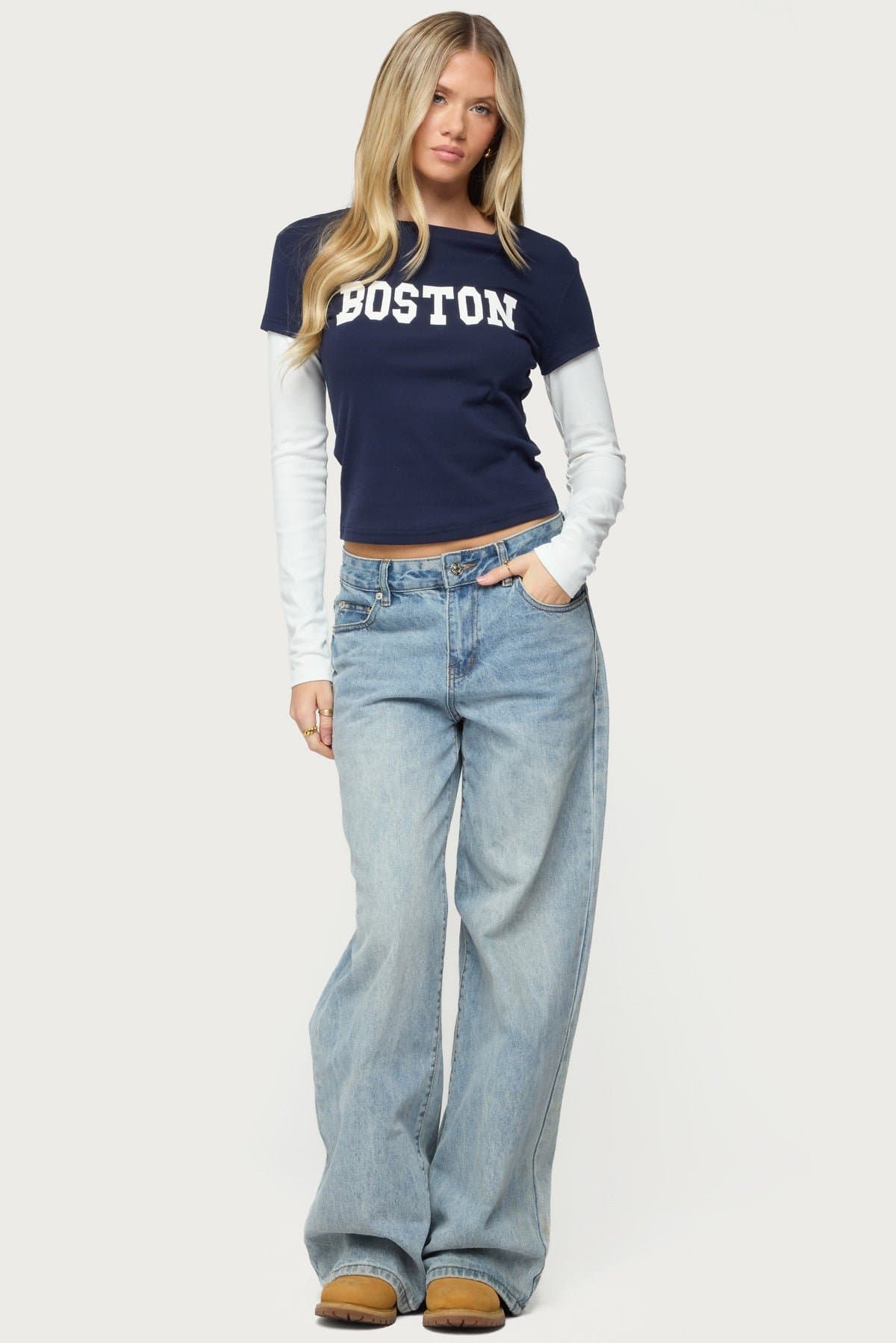 Boston Layered Long Sleeve T-Shirt - Cotton Spandex Graphic Text Contrast Sleeves