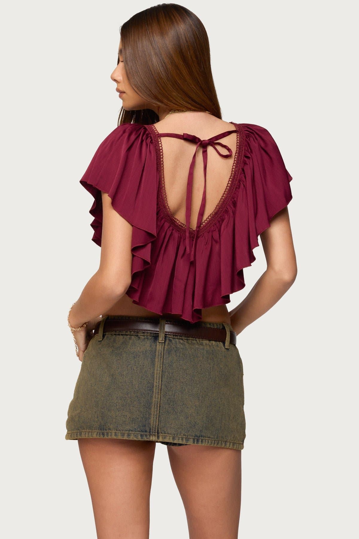 Deena Ruffled V-Neck Top with Open Back and Tie Detail Polyester