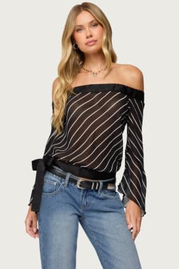 Diagonal Striped Off Shoulder Chiffon Top with Long Sleeves