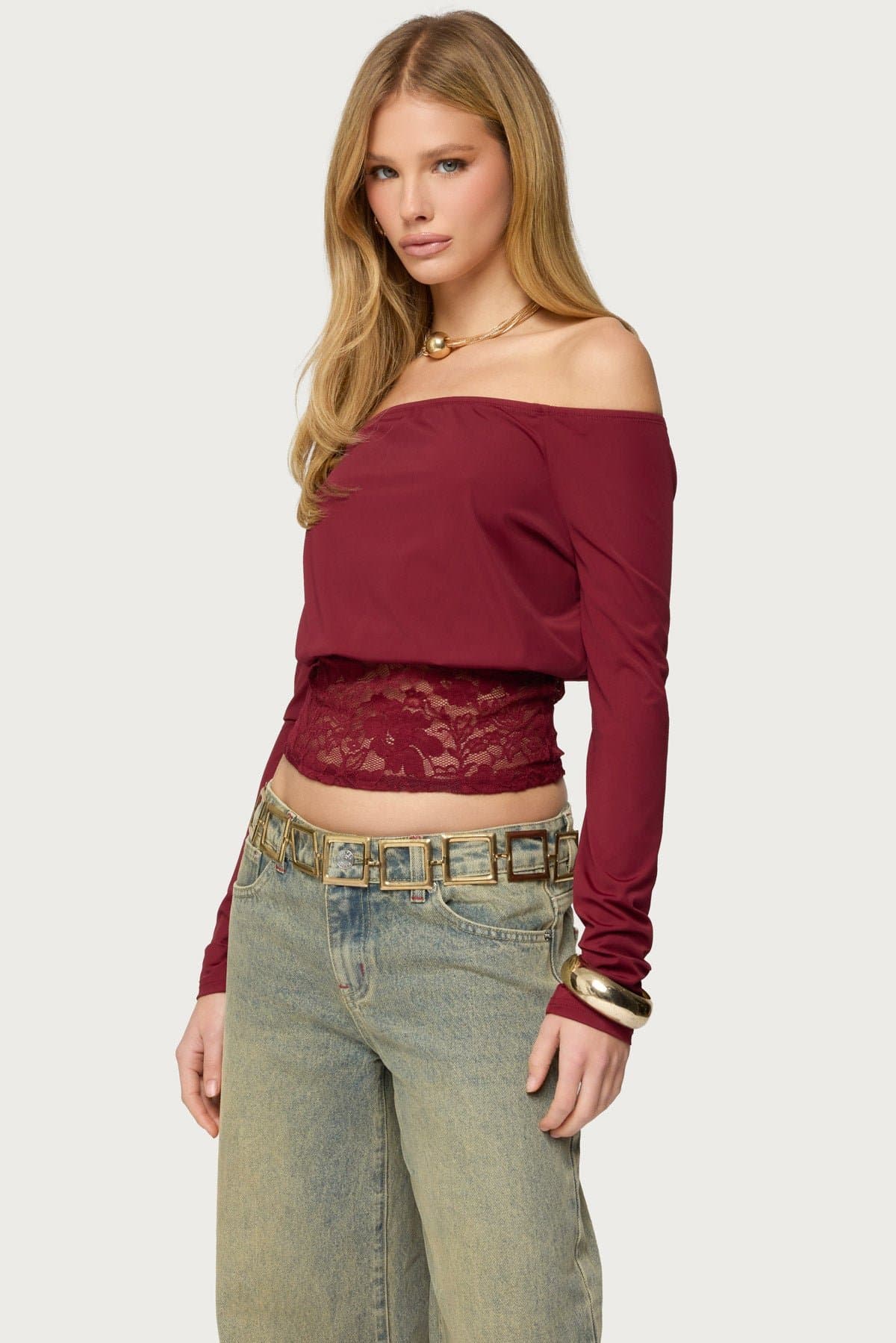 Dorona Lacey Off Shoulder Long Sleeve Top with Cinched Waist