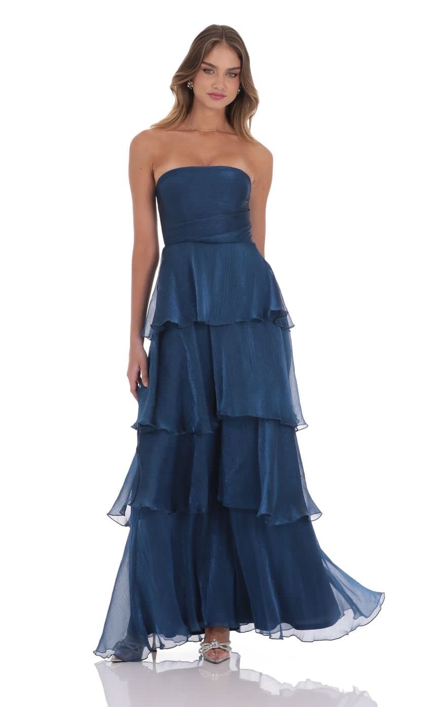 Corset Ruffle Strapless Maxi Dress in Navy