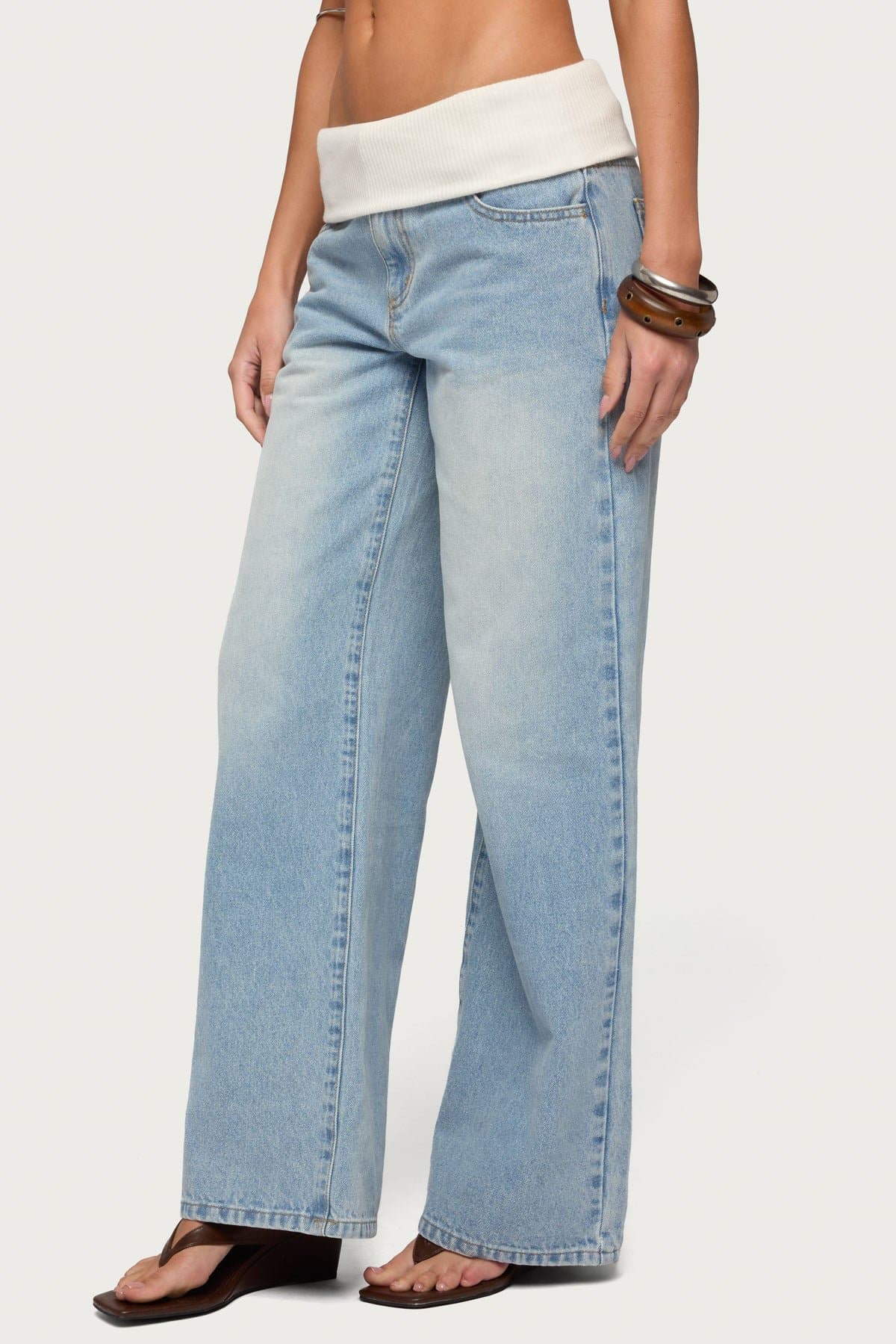 Knit Foldover Low Rise Baggy Jeans - Cotton Rayon Blend Rigid Denim