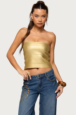 Cecilea Metallic Knit Bandage Tube Top - Polyester Spandex Side Zip S-XL