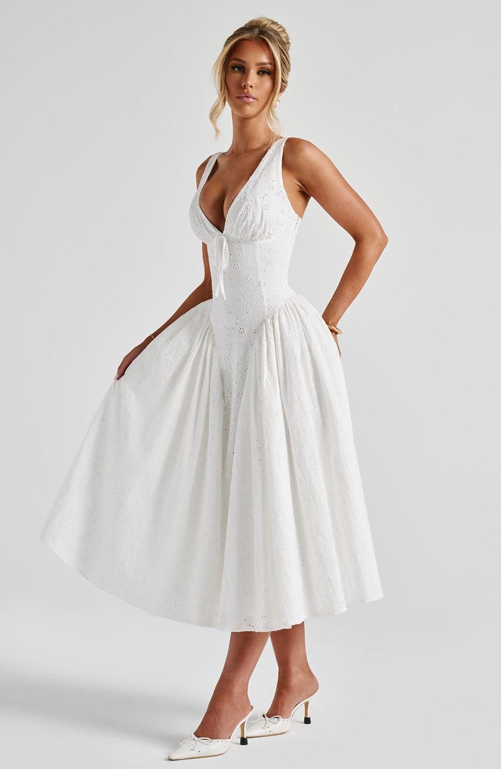 Monroe Midi Dress in Ivory with Broderie Anglaise, Plunge Neckline, Lace-Up Back