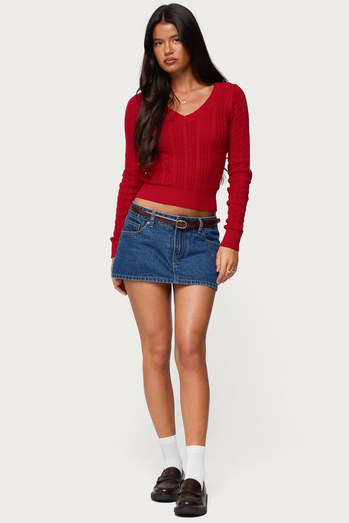 Ashlee V Neck Cable Knit Top - Long Sleeve 100% Cotton