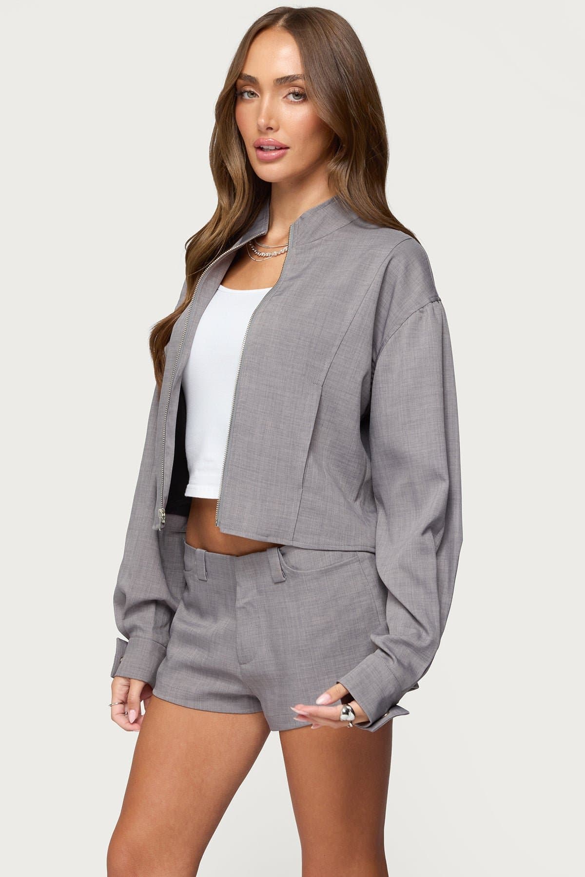 Roshelle High Neck Jacket - Front Zip Loose Fit Polyester Spandex