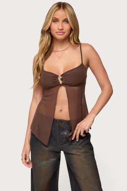 Reeve Split Front Sheer Mesh Tank Top - Adjustable Straps, Lined Bust, Polyester Spandex