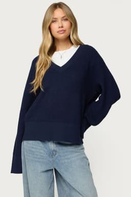 Bluebell Oversized Waffle Knit Sweater - Acrylic Polyester Nylon V-Neck