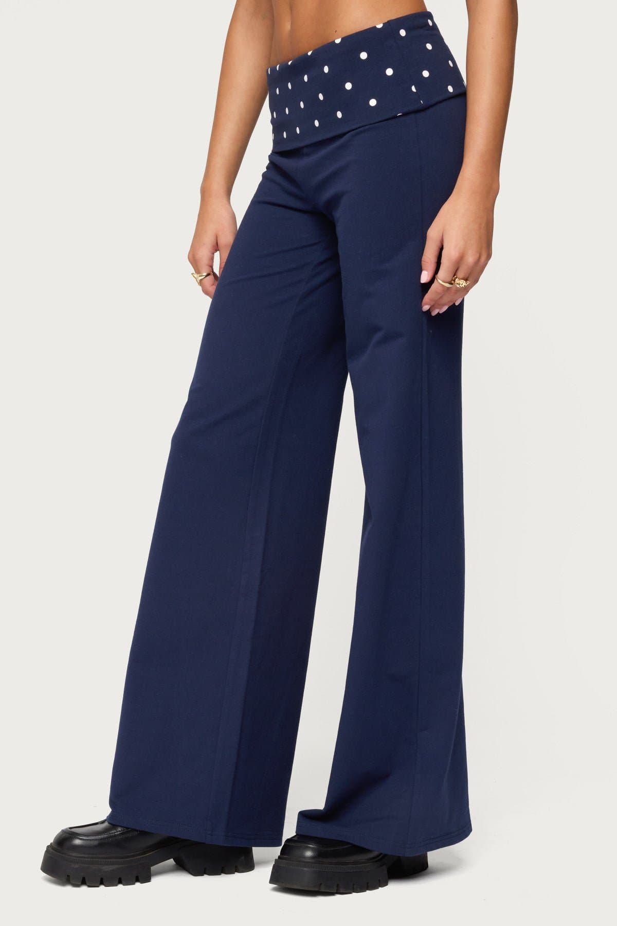 Reeva Polka Dot Foldover Wide Leg Pants - Cotton Spandex Size S Inseam 31.9"