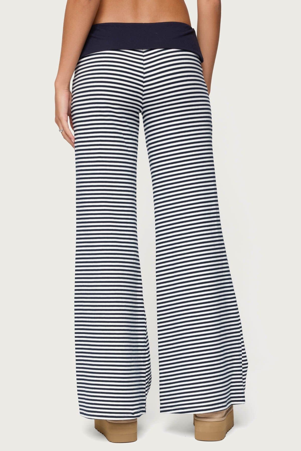 Meggy Striped Foldover Pants - Cotton Spandex, Contrast Waistband, 32.3" Inseam Size S