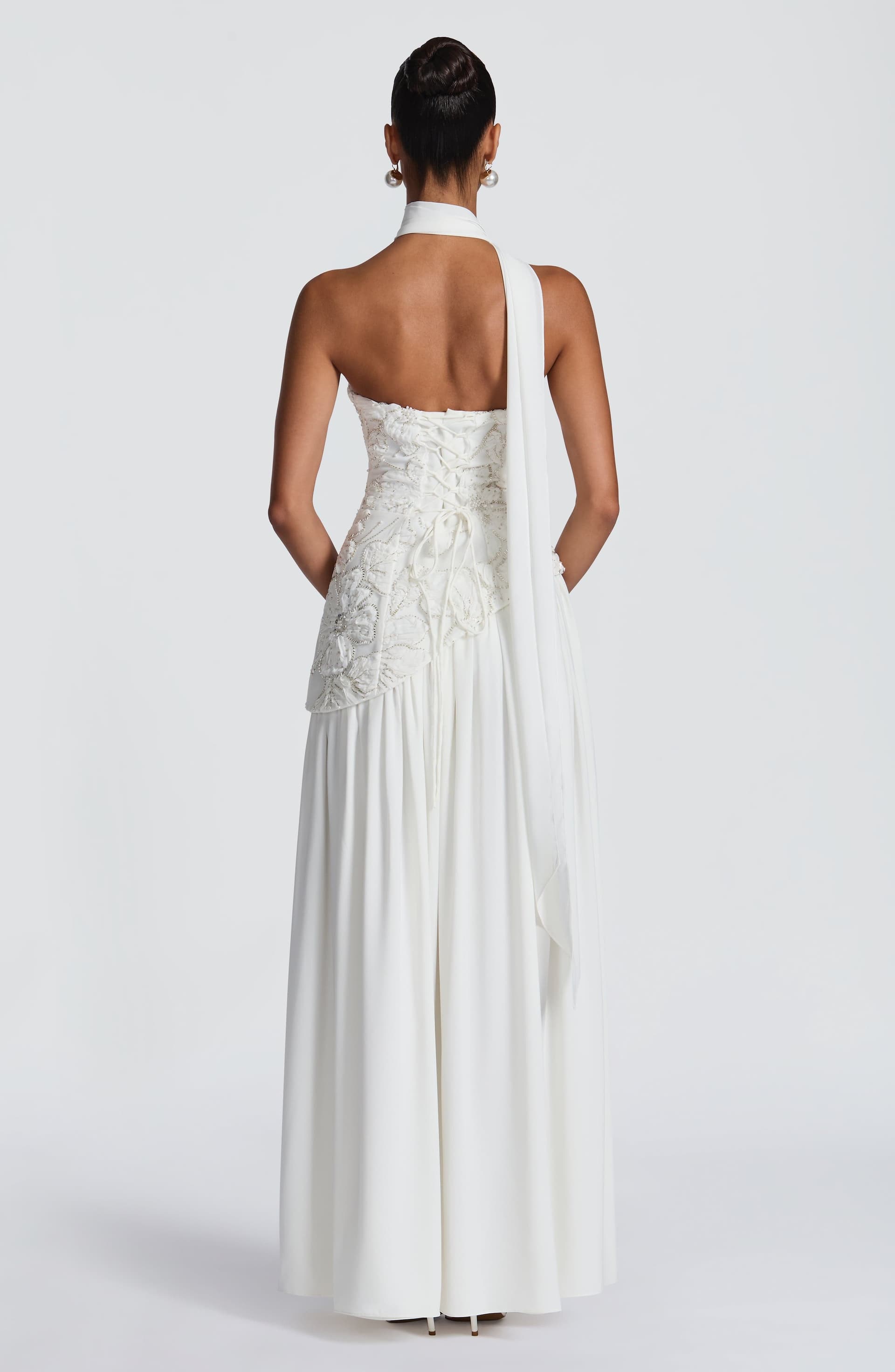 Anneliese Maxi Dress in Ivory Crepe Bodice Chiffon Skirt with Embellishments