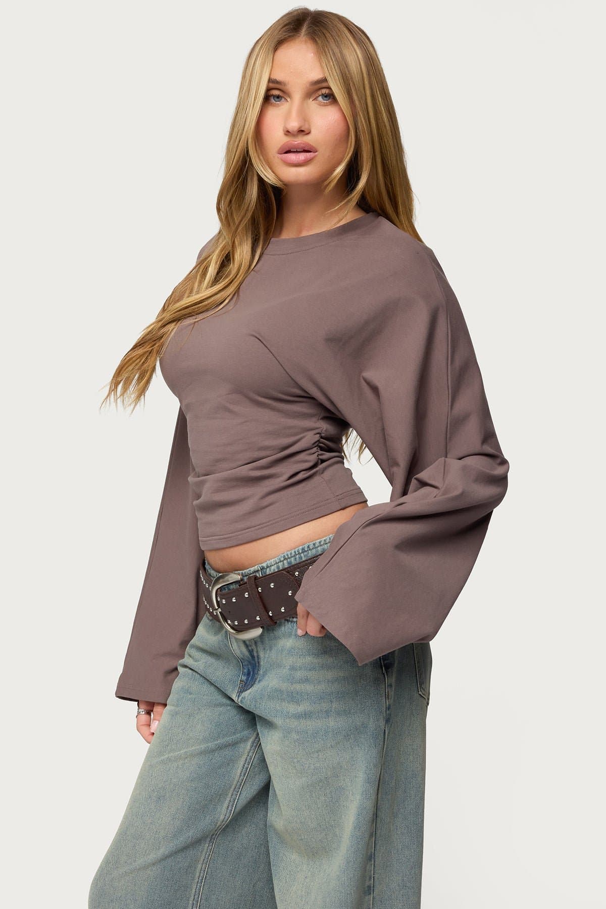 Charlisa Cinched Waist Long Sleeve Top - Cotton Spandex Ruched Detailing