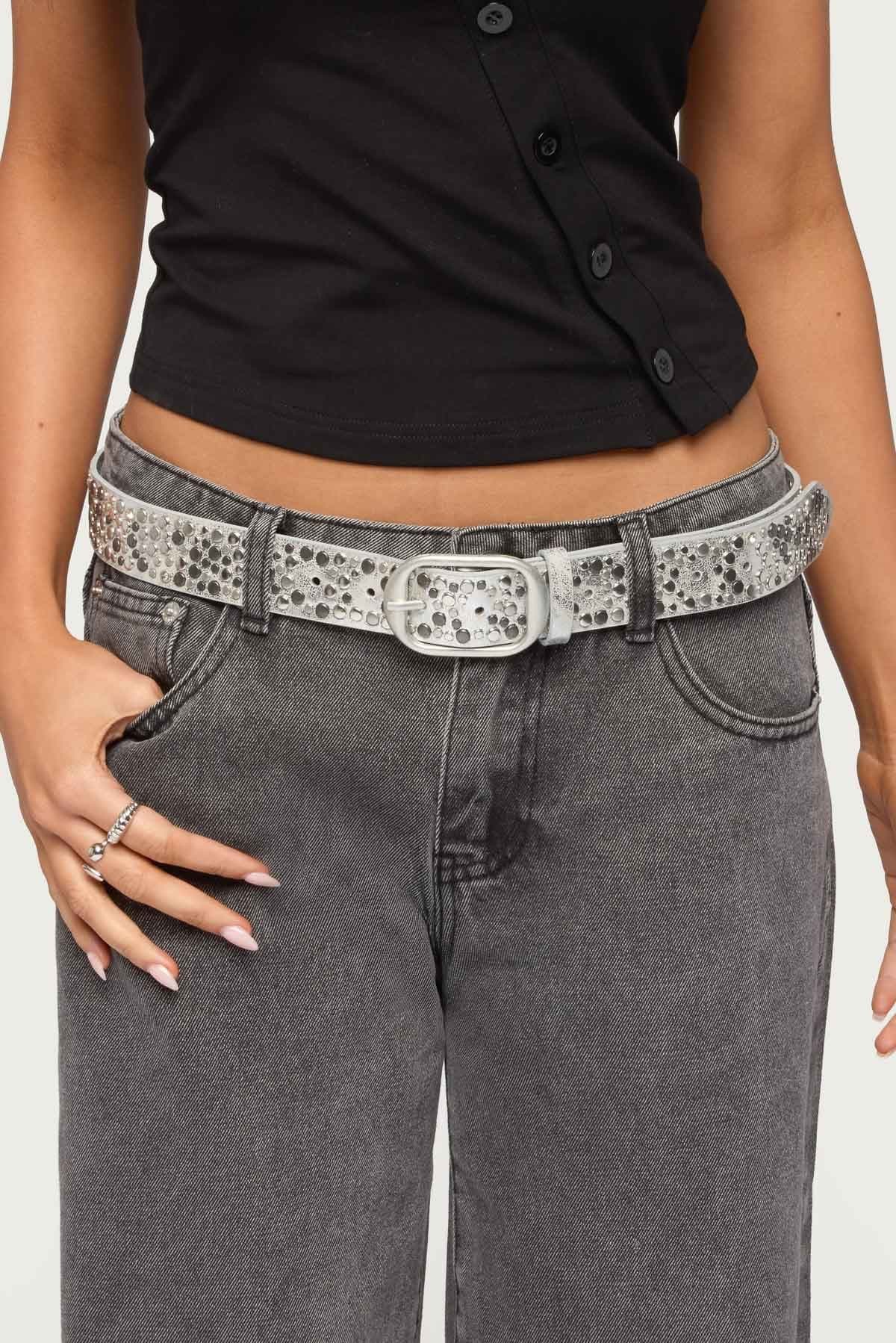 Zinia Studded Faux Leather Belt, Polyurethane Rayon, 43.3 Inch Length