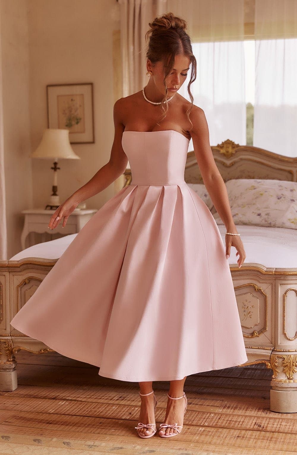 Edith Strapless Midi Dress in Blush - Stretch Bengaline with Pleated Skirt & Boning
