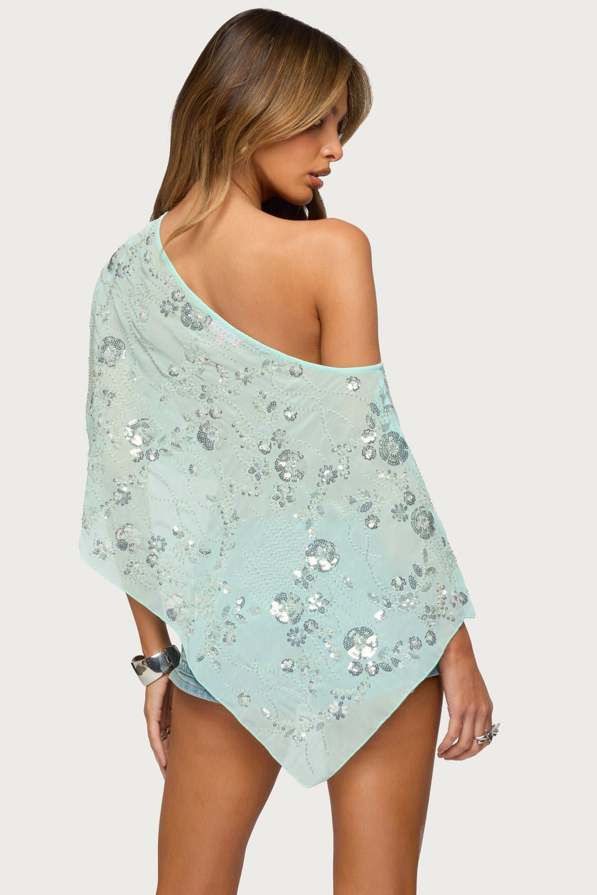 Triana Bead & Sequin Chiffon Poncho - Off Shoulder Asymmetric Sheer Polyester