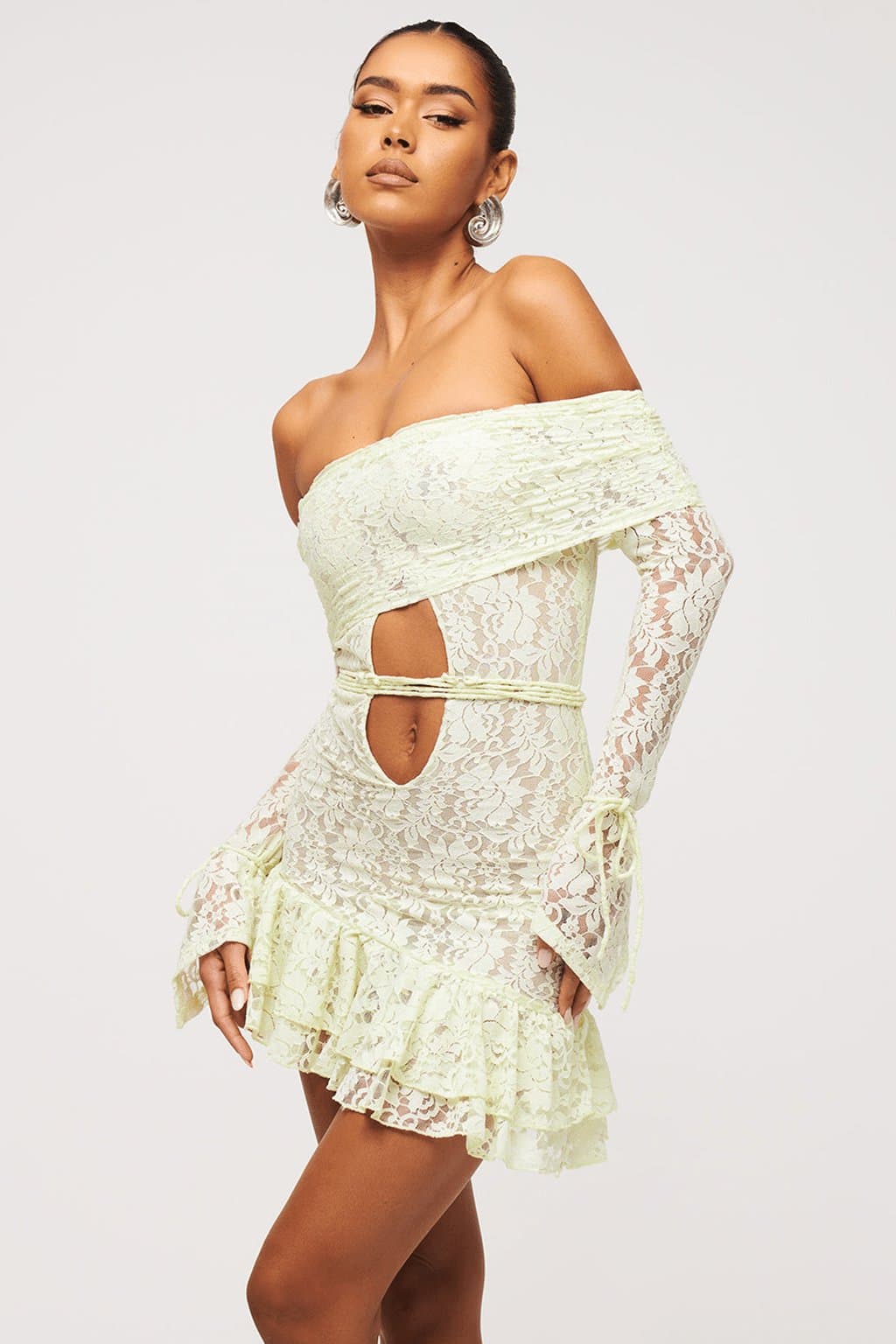 Seafoam Lace Bardot Mini Dress - Tiered Skirt, Full Length Fluted Sleeves, Bodycon Fit