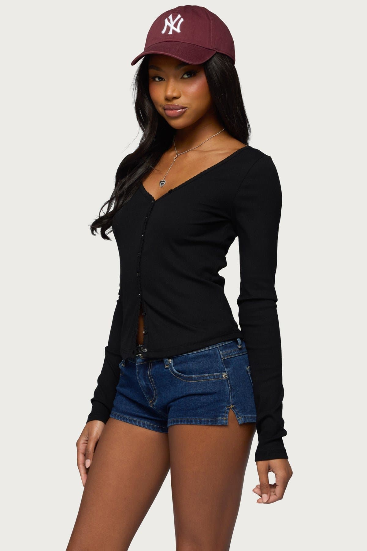 Tanya Button Up V-Neck Cardigan with Frilled Trim - Cotton Rayon Spandex