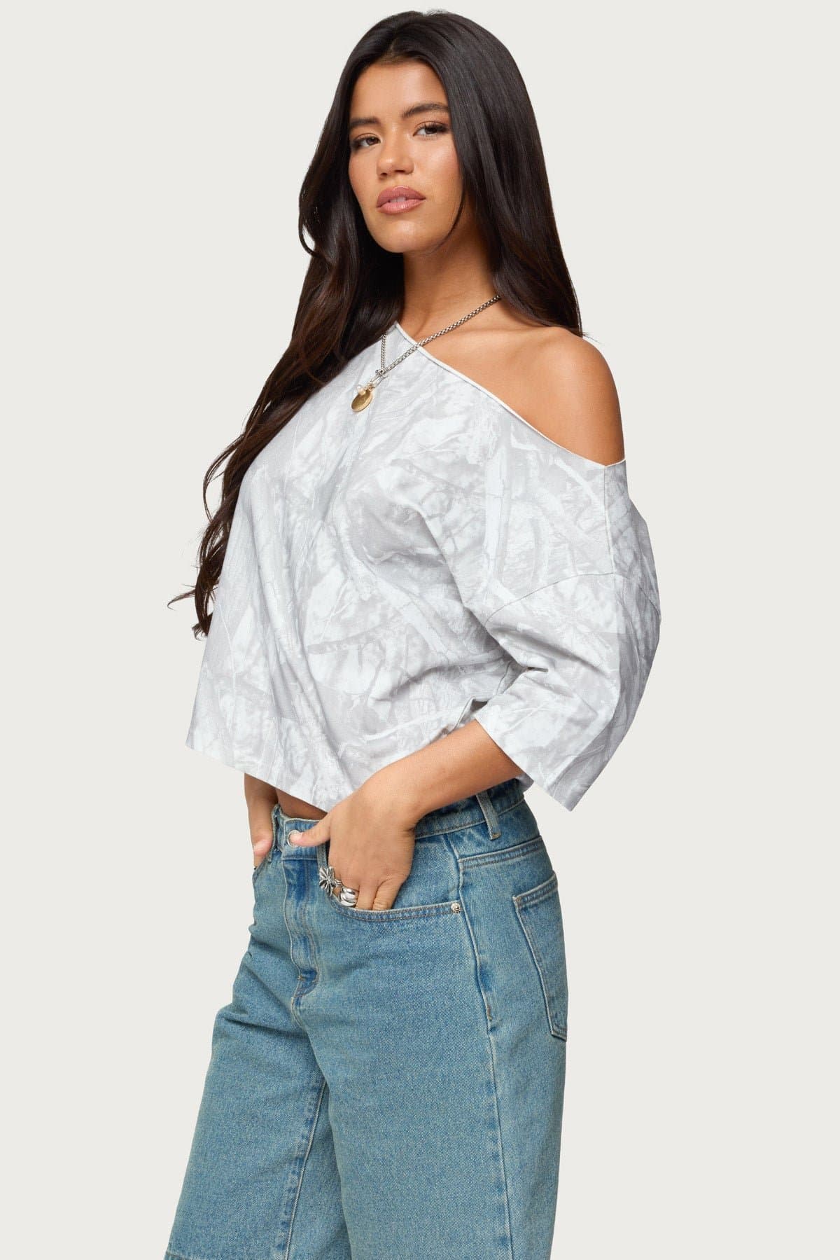 Davida Off Shoulder Camo Print Top - Cotton Spandex