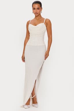 OYSTER Hand Beaded Maxi Dress with Corset and Front Split