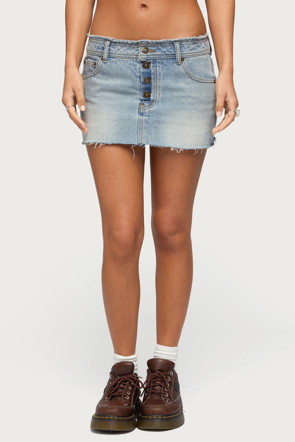 Emree Distressed Denim Mini Skirt, 100% Cotton Rigid Fabric, Exposed Button Closures