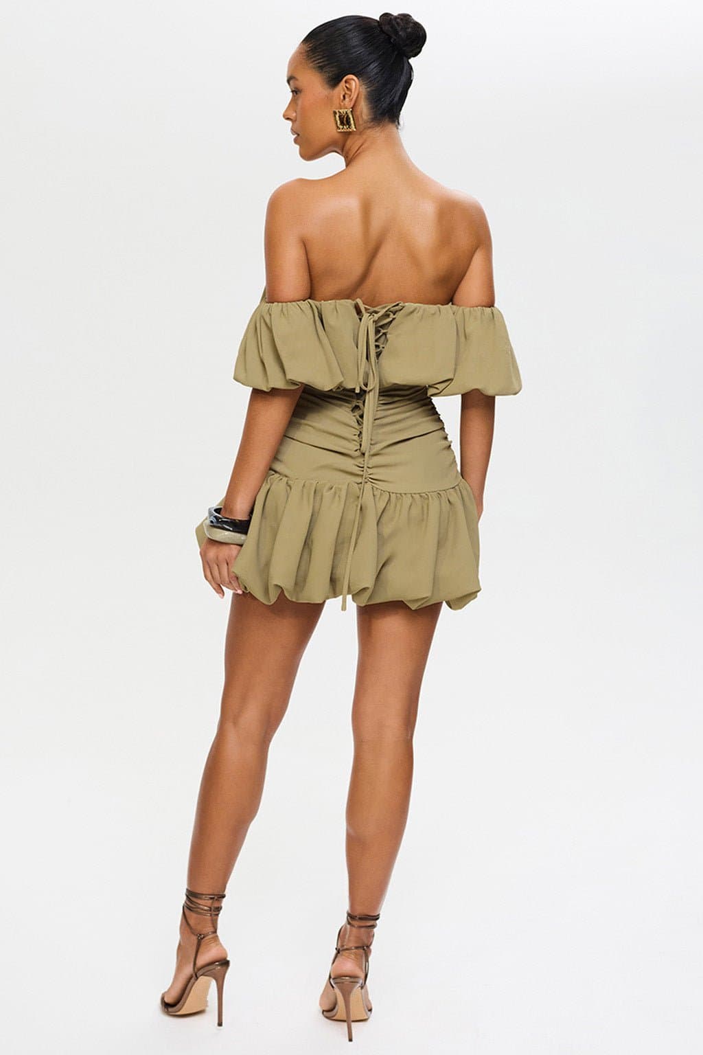 SAGE Mini Dress with Lace Up Back, Bubble Bardot Neckline, Ruched Seams UK 6-8