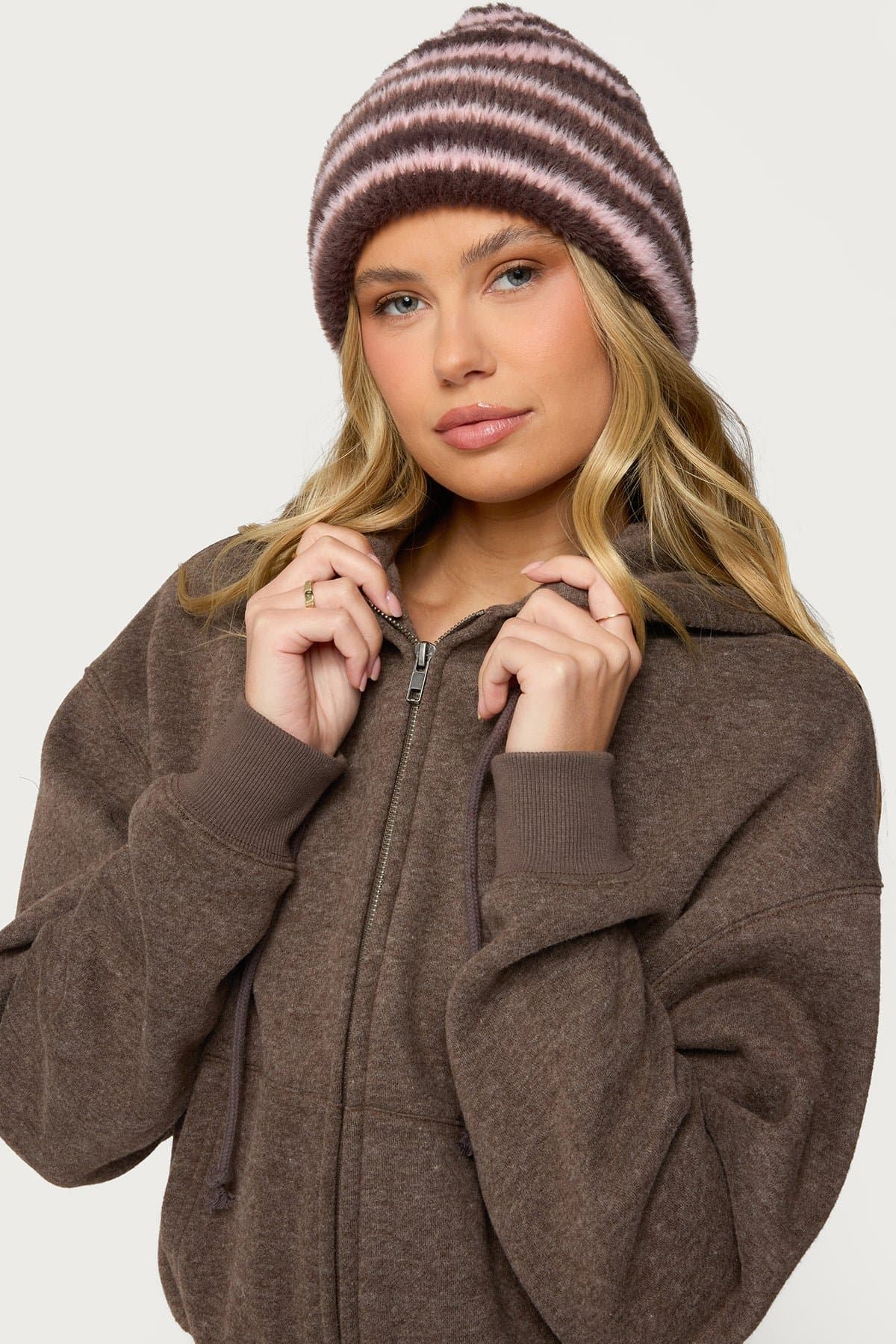 Striped Fuzzy Knit Beanie - Polyester, Height 12.6in