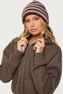 Striped Fuzzy Knit Beanie - Polyester, Height 12.6in