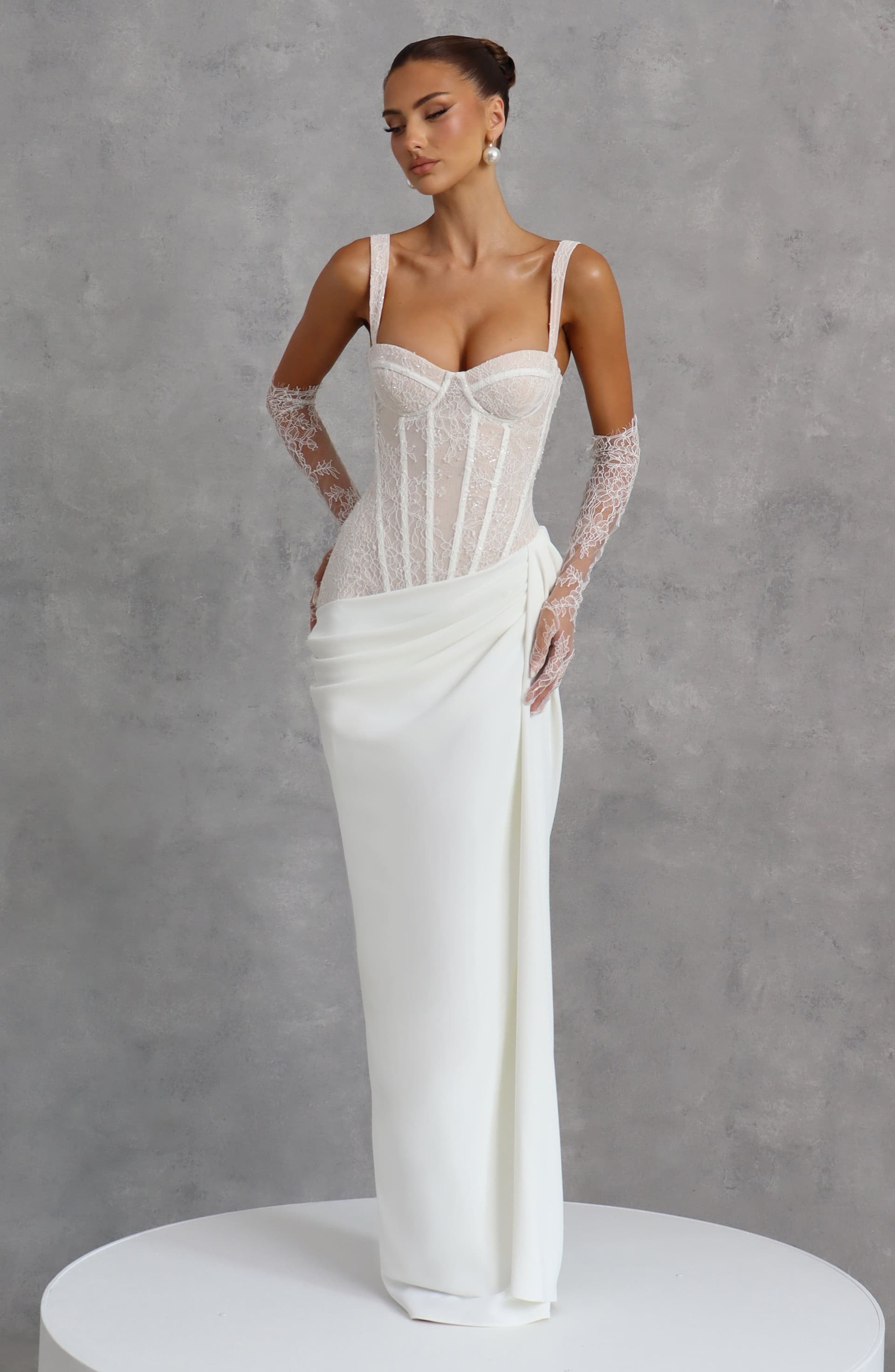 Seren Maxi Dress in Ivory - Lace Bodice with Beading, Sequins, Draped Skirt