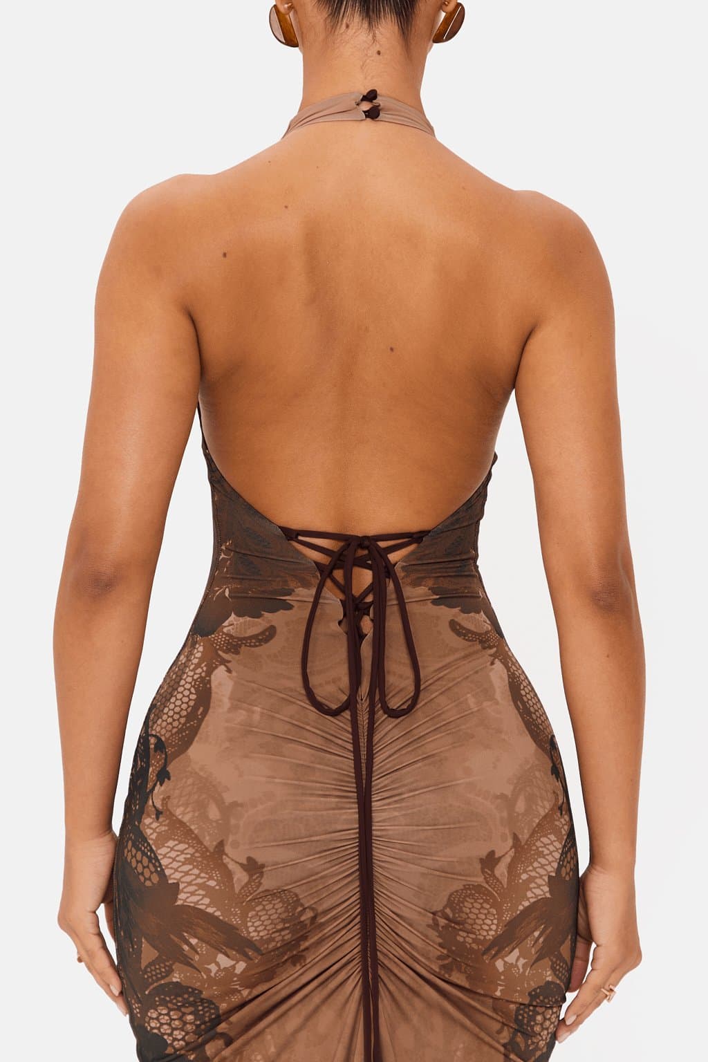 Allure High Neck Cowl Maxi Dress Brown Lace Print Polyamide Elastane