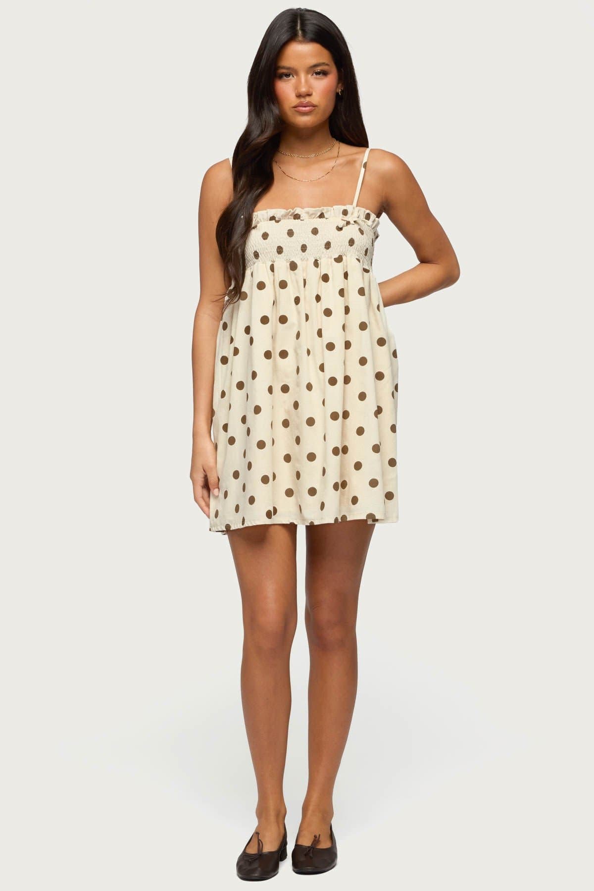 Polka Dot Linen Look Mini Dress with Adjustable Straps, Smocked Bust, 100% Cotton