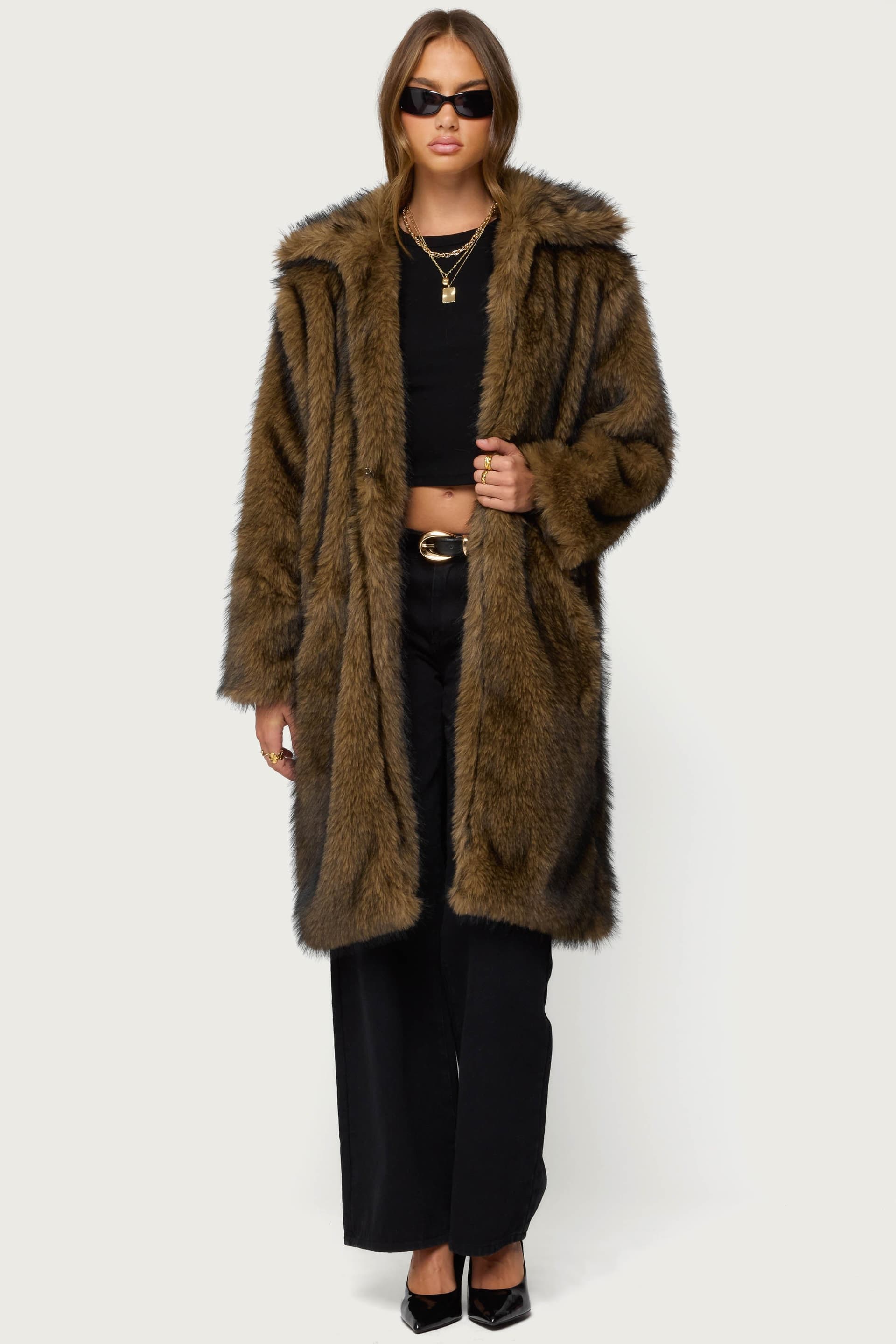 Saphira Oversized Faux Fur Maxi Coat - Longline Polyester Collared Winter Coat