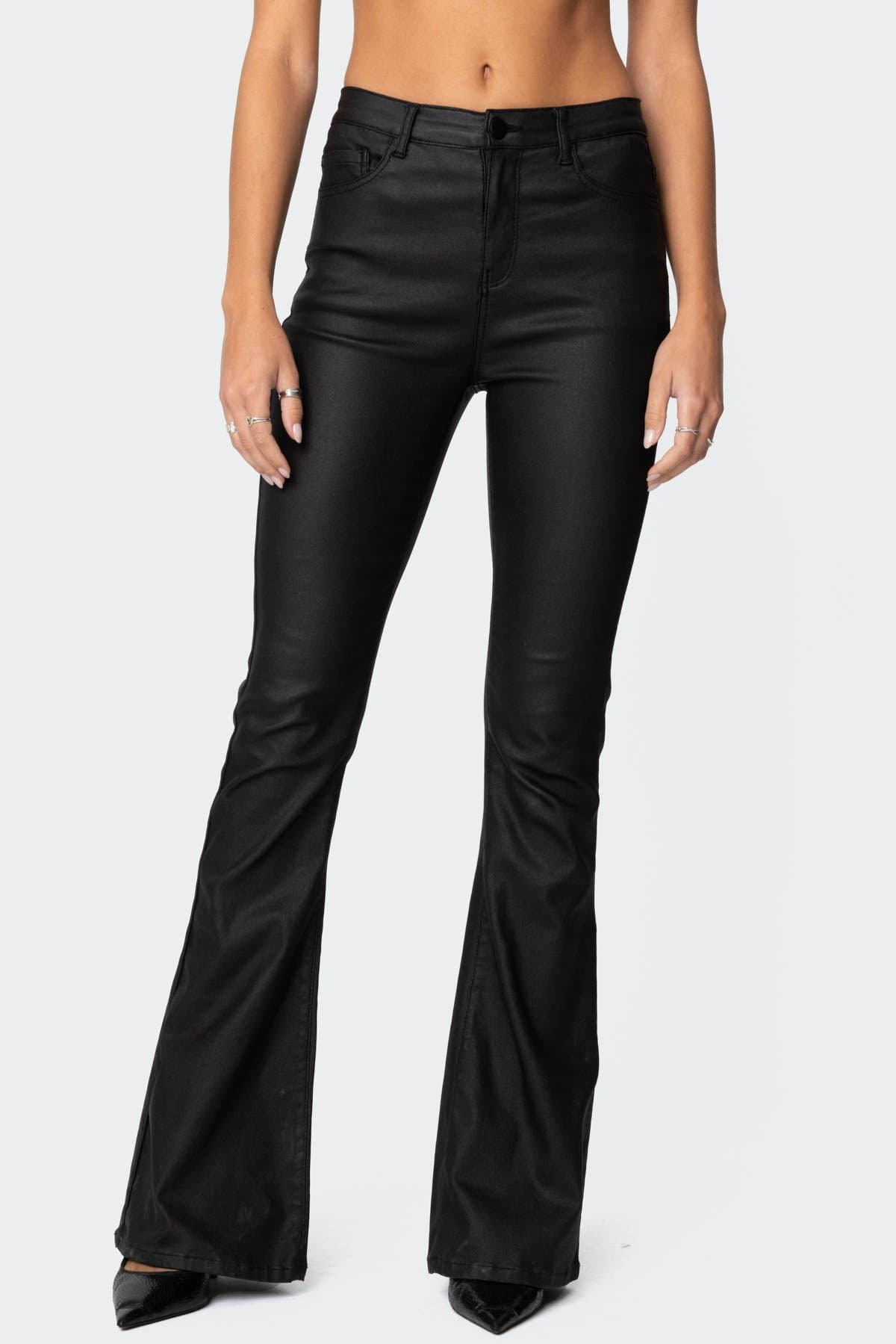 Luna Faux Leather Flare Jeans - Polyester Rayon Spandex Women's Bottoms
