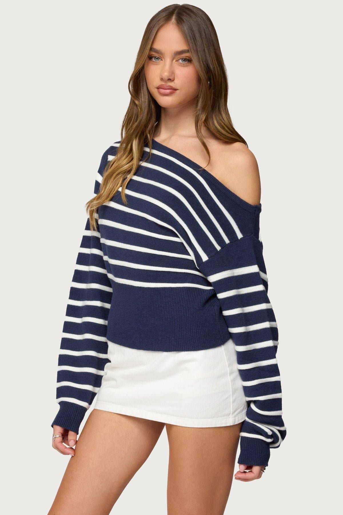 Mika Off Shoulder Oversized Striped Knit Sweater - Rayon Polyester Nylon