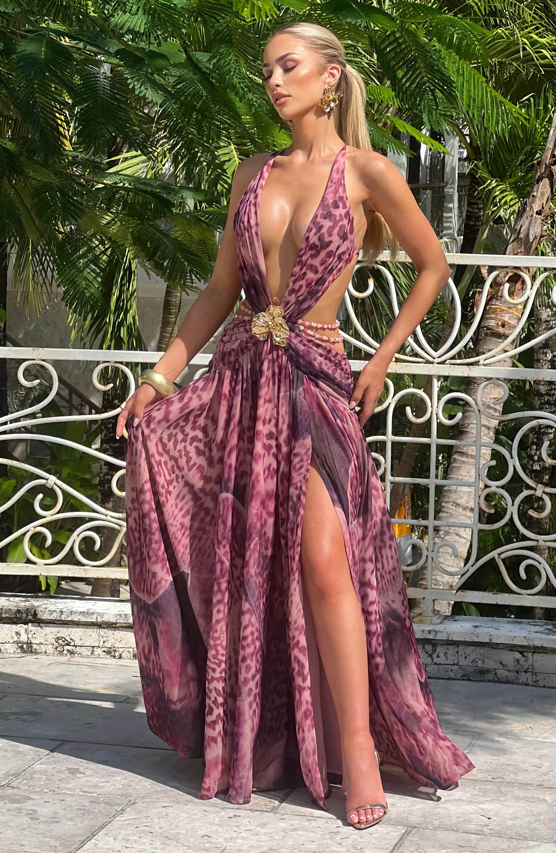 Indianna Maxi Dress Magenta Orchid Print Chiffon Plunge Neckline Backless