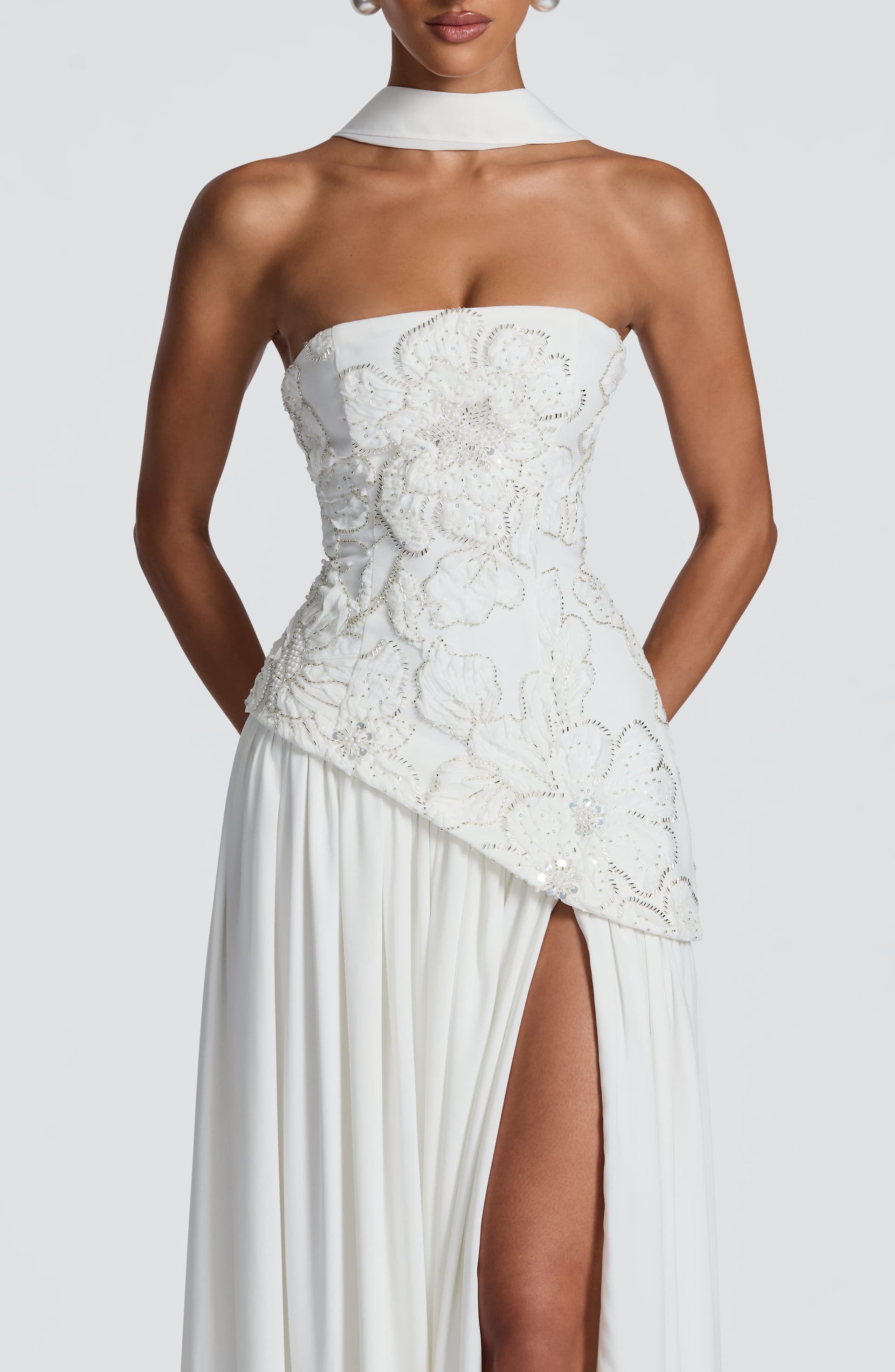 Anneliese Maxi Dress in Ivory Crepe Bodice Chiffon Skirt with Embellishments