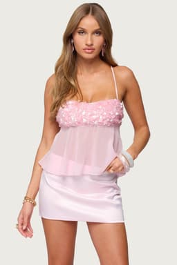 Vella Sequin Sheer Chiffon Top with Criss Cross Lace Up Back