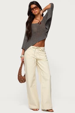 Grommet Tie Waist Low Rise Baggy Jeans - 100% Cotton Rigid Denim