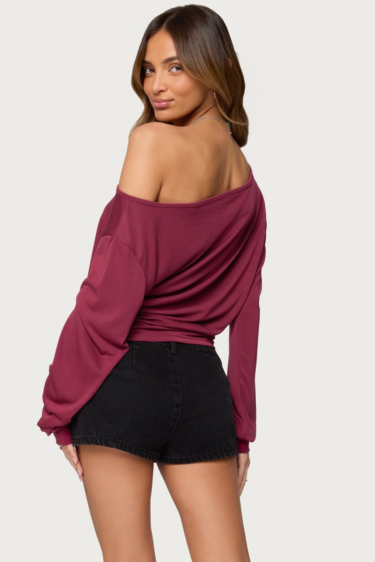 Nannie Off Shoulder Oversized Long Sleeve Top - Rayon Nylon Spandex