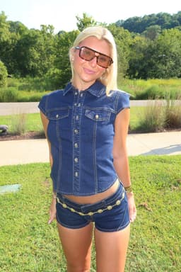 Contrast Stitch Button Up Denim Shirt Short Sleeve Cotton Polyester Spandex