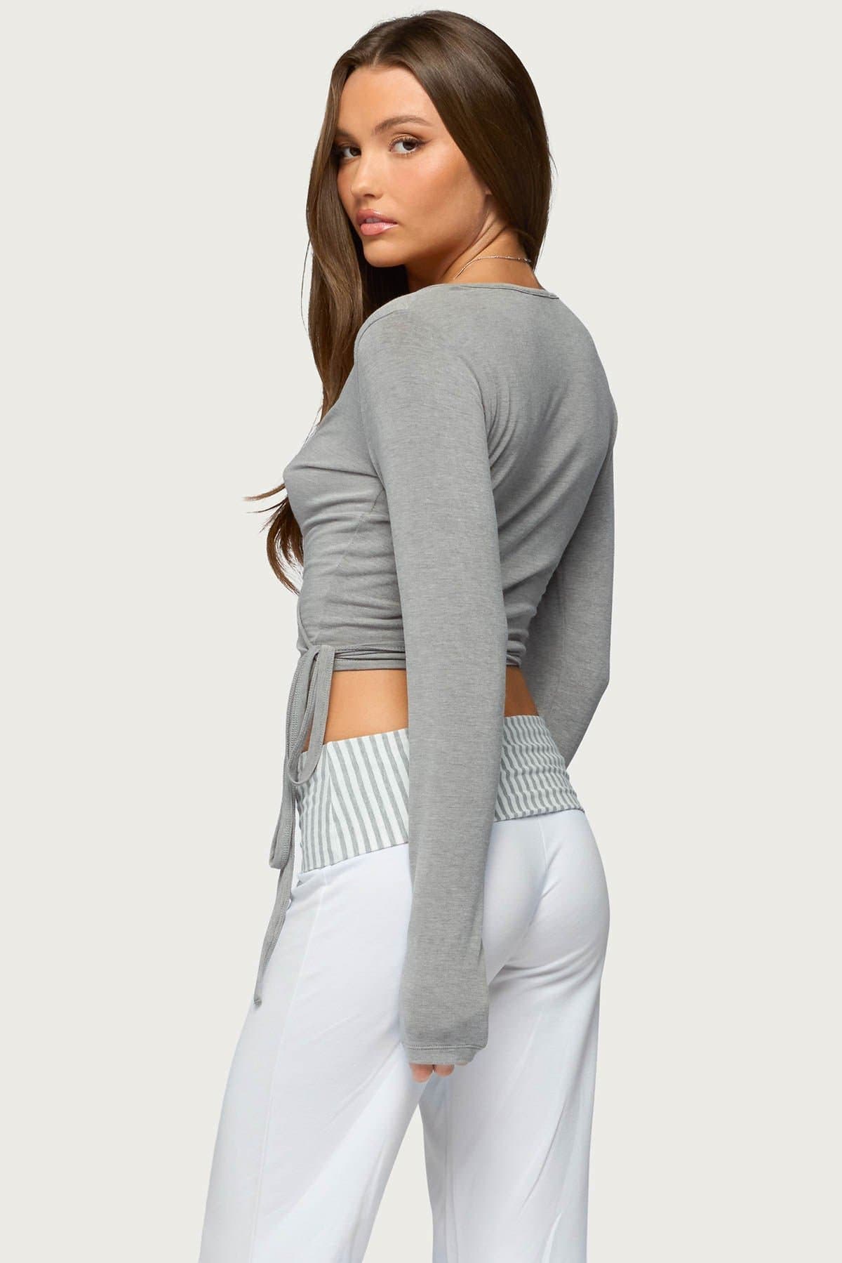 Malenna Wrap Top - Long Sleeve Deep V Neck Rayon Polyester Spandex