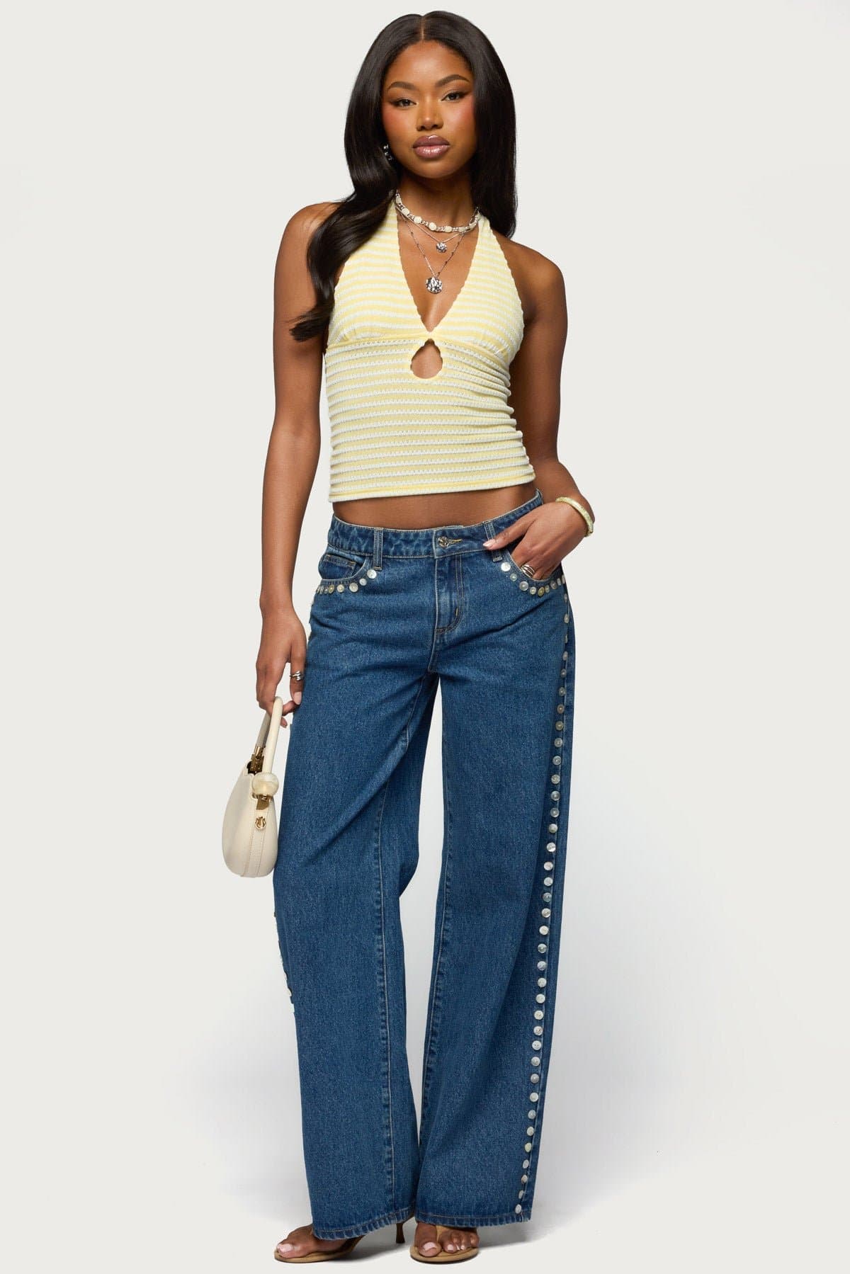 Maylah Keyhole Striped Textured Halter Top - Polyester Spandex